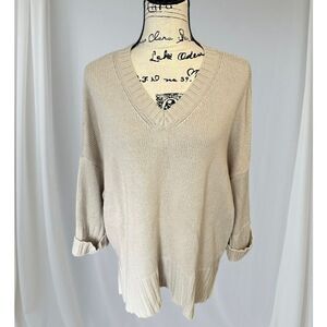 Ann Taylor Loft Women's Medium Beige V Neck Wool Blend Pullover Sweater